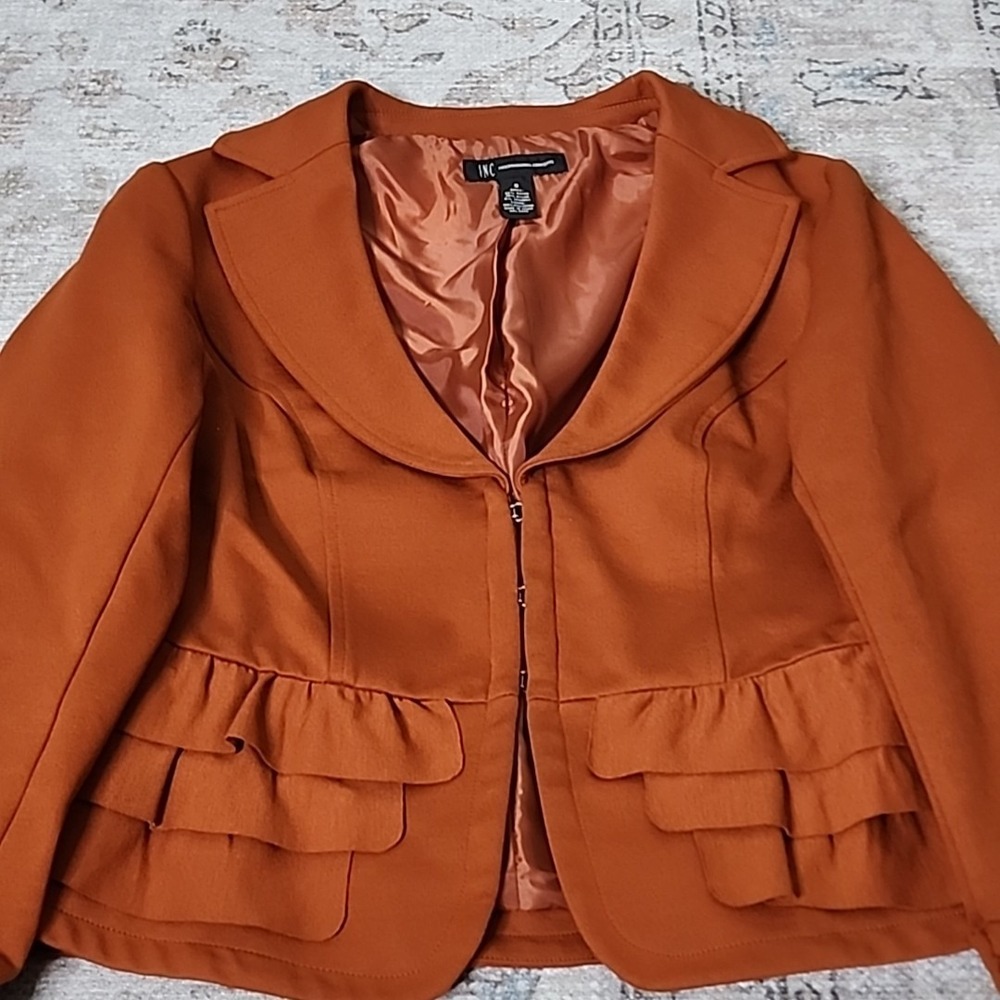 INC Jacket Blazer Small Brown Camel Ruffle Ruched Sleeve Button Lined Casual - Picture 3 of 7